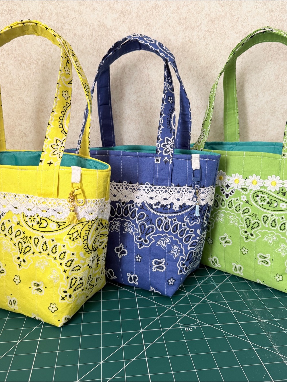 Hand Crafted Yellow Bandana Tote with Lace Trim